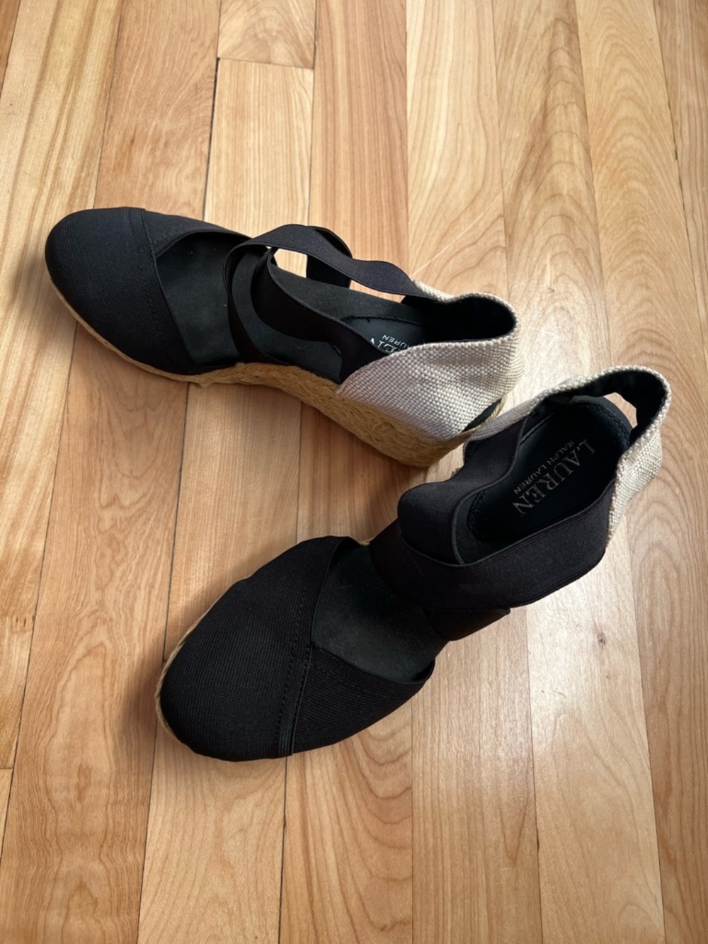 Ralph Lauren Black Espadrille Wedge with Natural Heel Size 10B - Picture 2 of 10